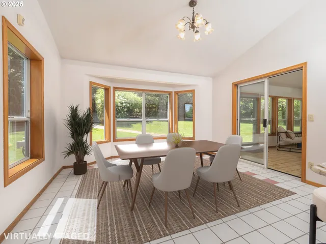 a view of a dining room with furniture window and outside view