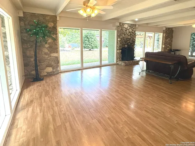 a living room with a large window