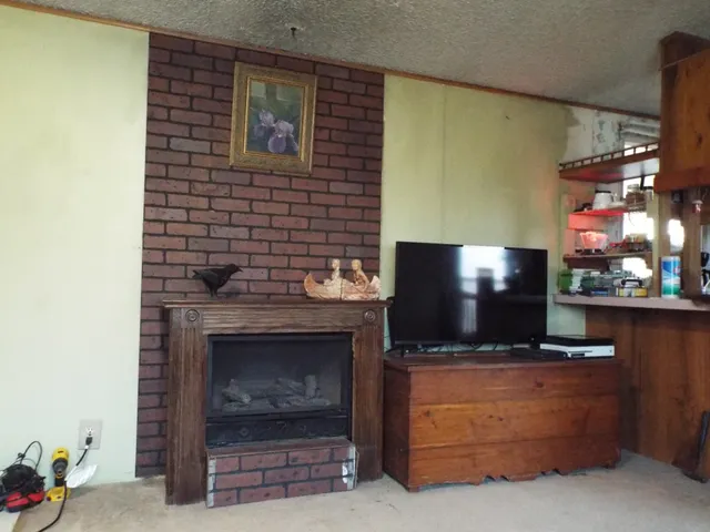 a living room with fireplace and a flat screen tv