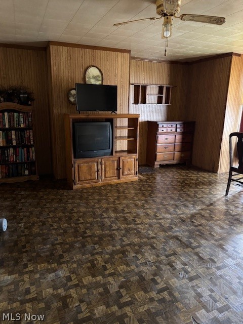 626 High Street Wellsburg, WV 26070 - Photo 11 of 18 Living area with parquet floors, ceiling fan, wooden walls, and crown molding