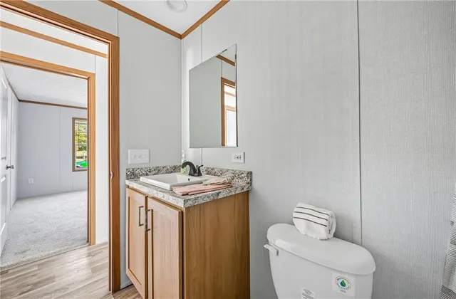 a bathroom with a toilet sink vanity and mirror