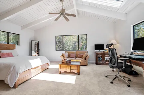 a bedroom with a workspace