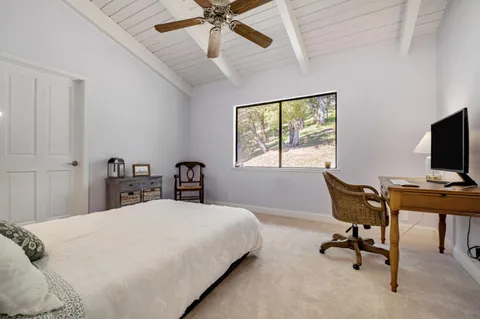 a bedroom with a bed and a desk