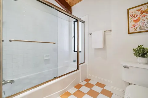 a bathroom with a shower and a toilet