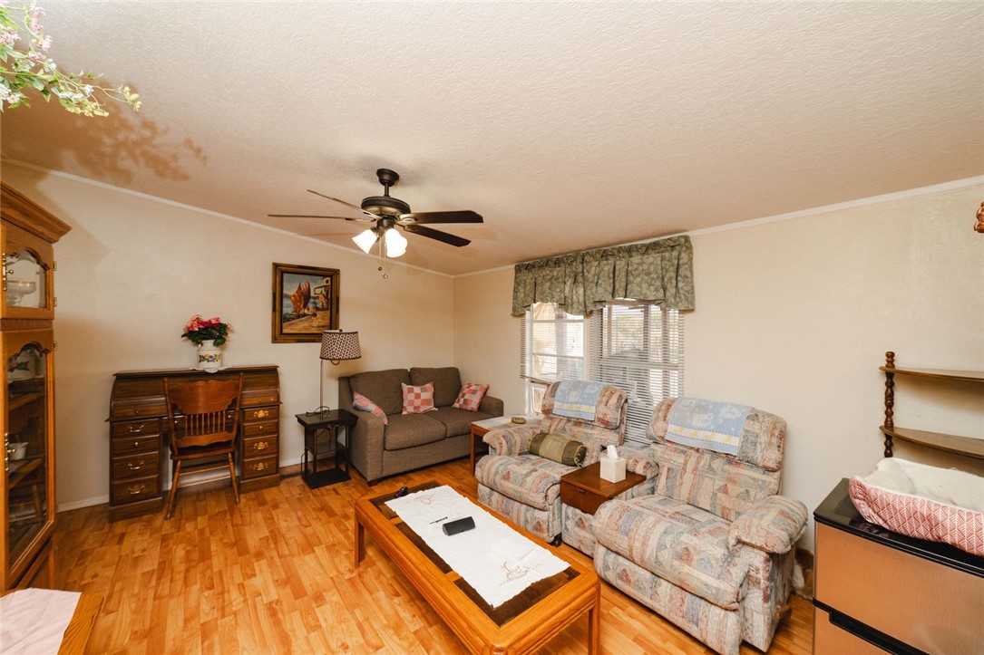 18488 Golf Course Avenue Wikieup, AZ 85360 - Photo 11 of 41 MAIN HOUSE family room featuring ornamental molding, light wood-style flooring, and a ceiling fan