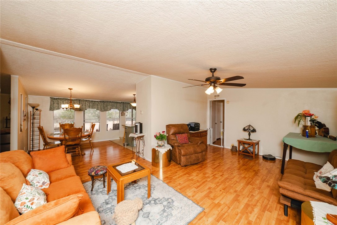 18488 Golf Course Avenue Wikieup, AZ 85360 - Photo 8 of 41 Living room with a textured ceiling, light wood-style flooring, a chandelier, and a ceiling fan