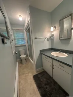 a bathroom with a sink a toilet and a mirror