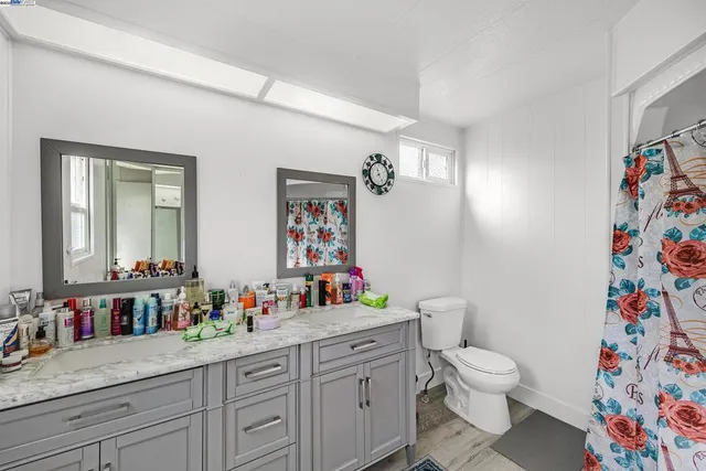 a bathroom with a sink a toilet and a shower curtain