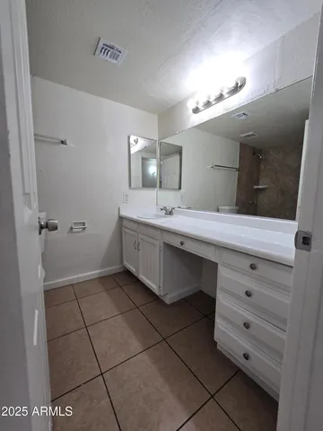 a bathroom with a double vanity sink a mirror and a shower