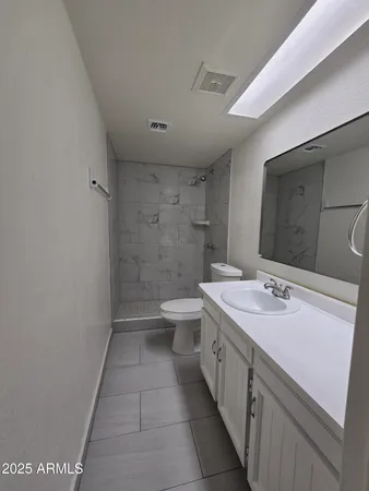a bathroom with a sink a toilet and a large mirror
