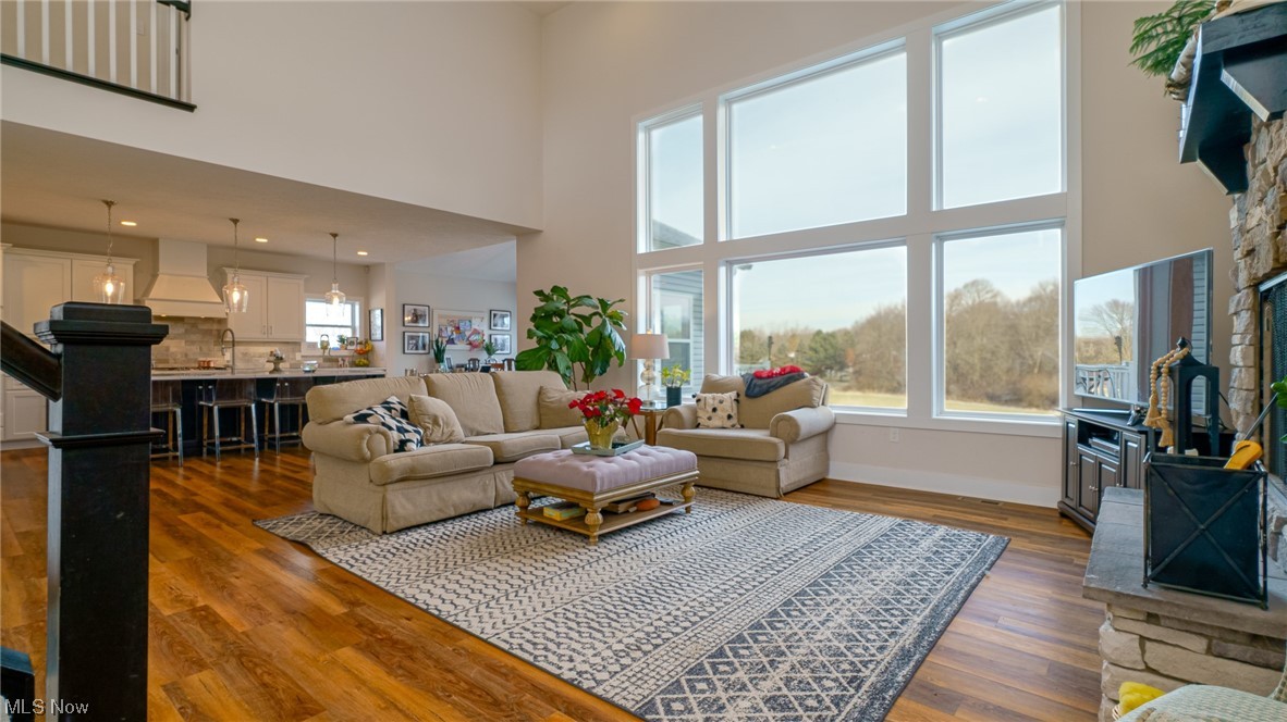 1849 Fixler Road Wadsworth, OH 44281 - Photo 19 of 39 Living room with a stone fireplace, a towering ceiling, and dark wood-type flooring