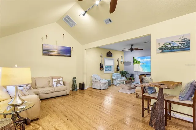 a view of a dining room with furniture