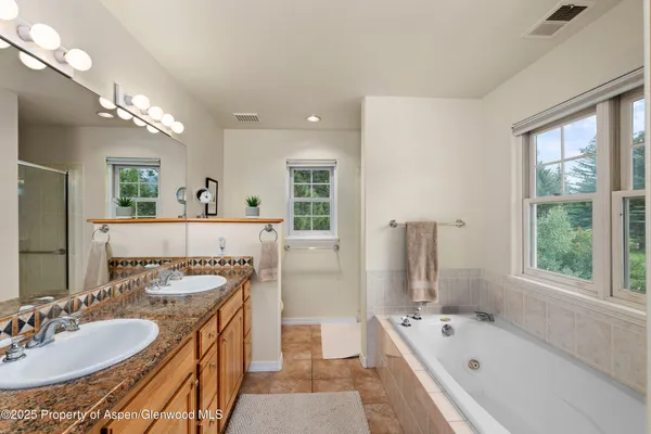 a bathroom with a tub sink and mirror