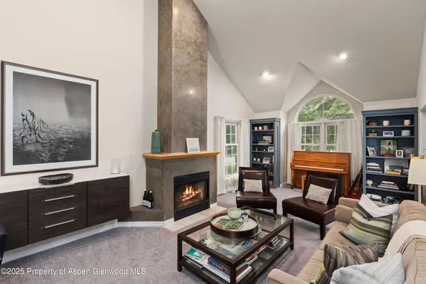 a living room with furniture a fireplace and a flat screen tv