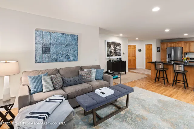 a living room with furniture and a dining table with kitchen view