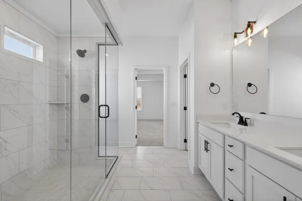 a bathroom with a double vanity sink a shower and a mirror