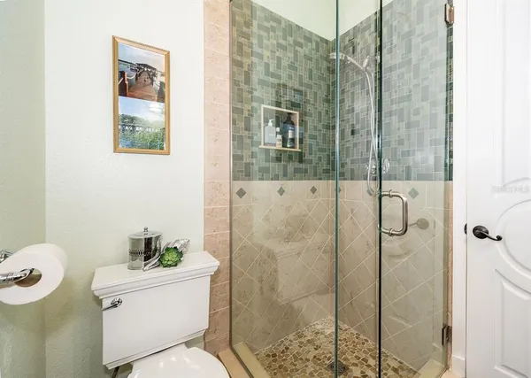 a bathroom with a shower and toilet