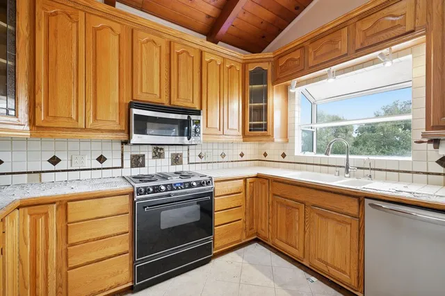 an aerial view of green landscape with trees houses and mountain view