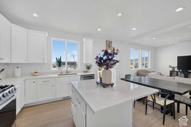 428 Quartz Road Tooele, UT 84074 - Photo 12 of 35 White shaker cabinetry, light-toned wood-finish flooring, recessed lighting, and a kitchen island with a light-colored countertop