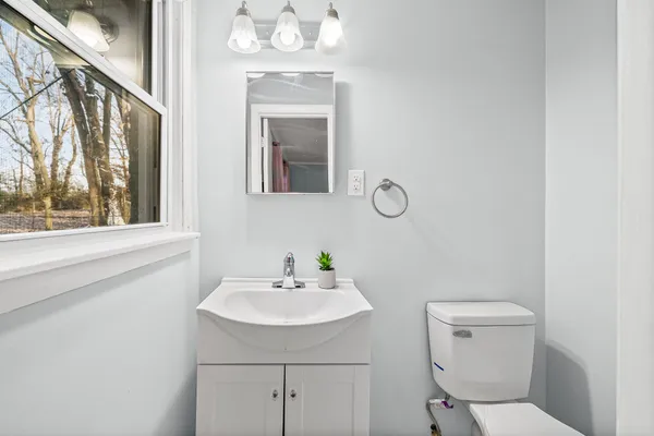 a bathroom with a toilet a sink and mirror