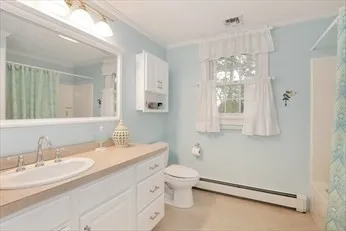 a bathroom with a double vanity sink toilet and a mirror
