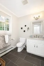 a bathroom with a sink a toilet and a mirror