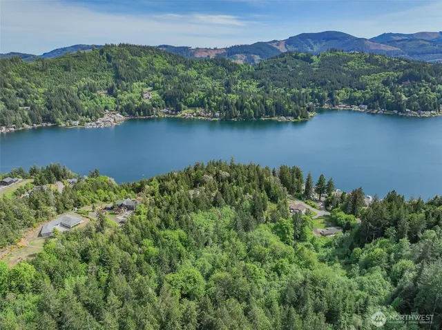 an aerial view of a houses with a yard and lake view