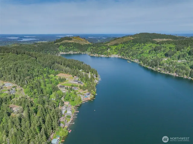 a view of a lake with a mountain in the background