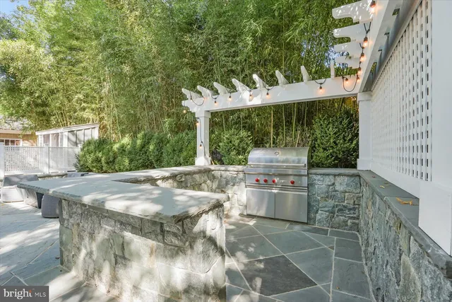 a view of a patio with table and chairs with wooden fence and plants