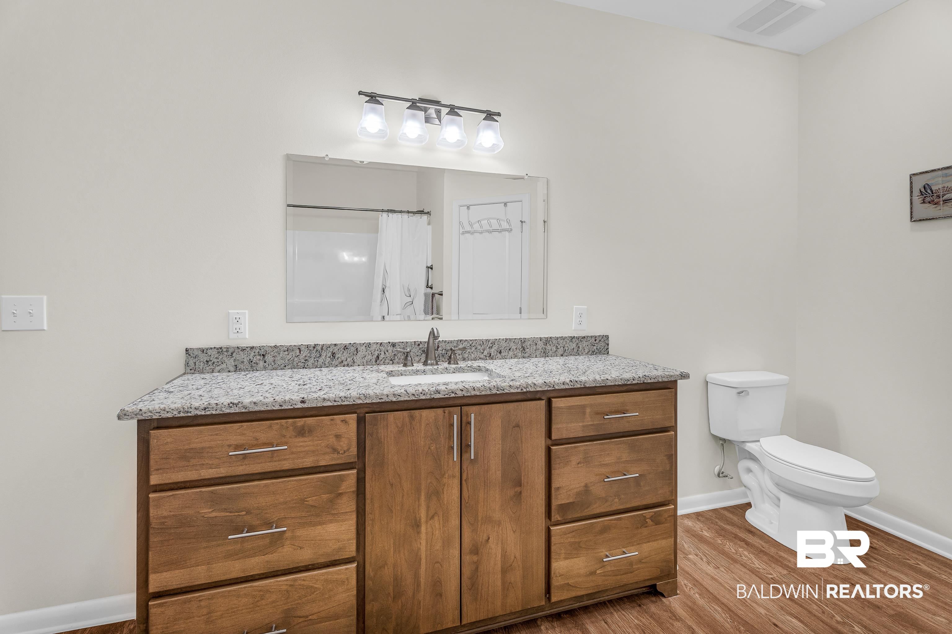 18255 Cactus Court Elberta, AL 36530 - Photo 28 of 53 Full bathroom featuring vanity, a shower with curtain, and light wood-style floors