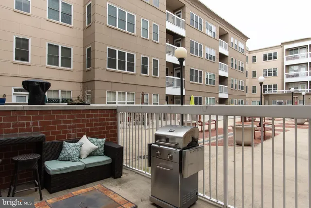 a building outdoor space with patio furniture