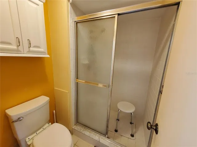 a bathroom with a shower and a toilet