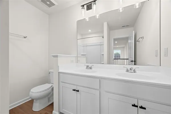 a bathroom with a toilet a sink a mirror and vanity