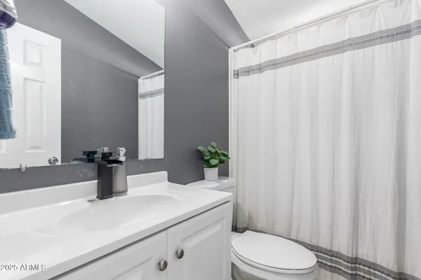 a bathroom with a sink a toilet and shower curtain