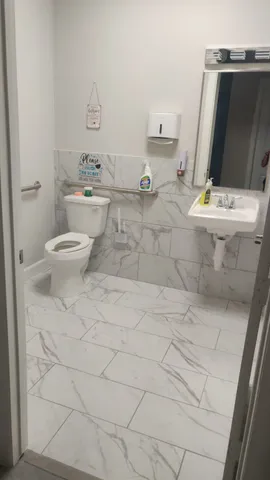 a bathroom with a sink toilet and mirror