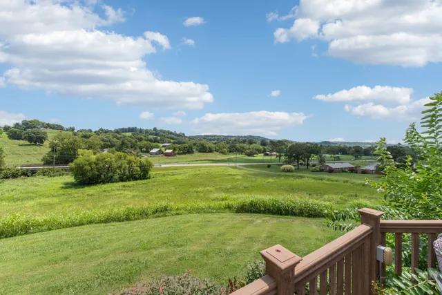 a balcony with tall trees in front of it