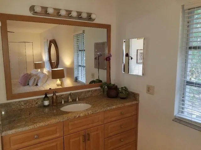 a bathroom with a sink and a mirror
