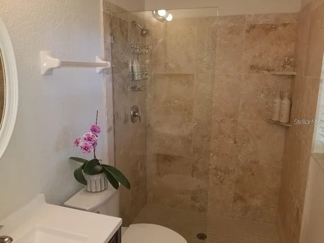 a bathroom with a shower and a toilet