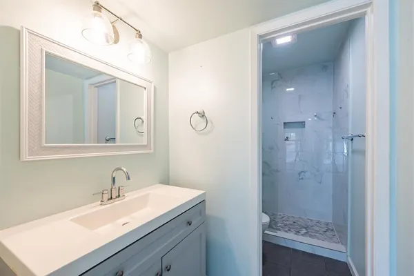 a bathroom with a sink a mirror a vanity and a shower