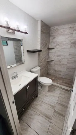 a bathroom with a sink a toilet a mirror and vanity