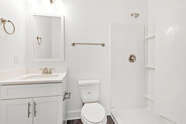 a bathroom with a toilet sink shower and mirror