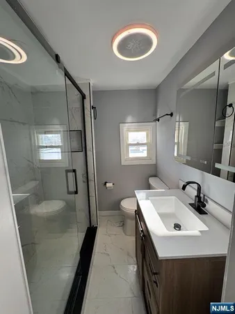 a bathroom with a sink a toilet and mirror