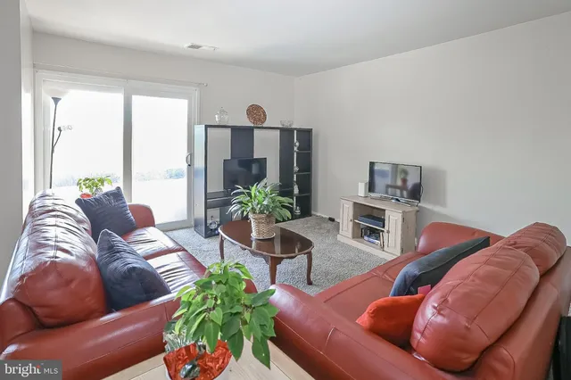 a living room with furniture potted plant and a large window