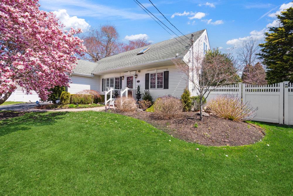a view of a backyard with table and chairs potted plants and a large tree