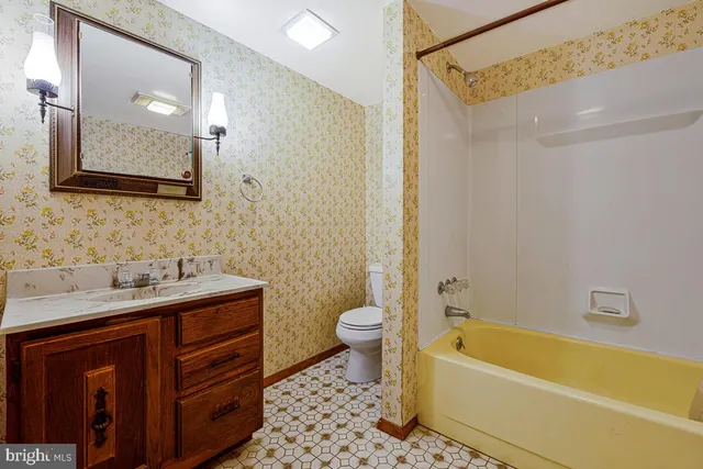 a bathroom with a sink a toilet a mirror a bathtub and shower