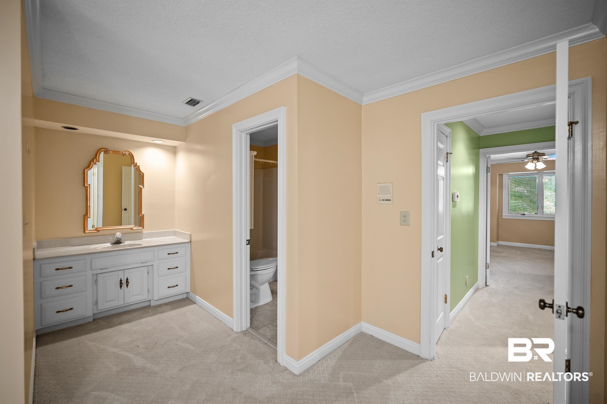329 Norwood Road Monroeville, AL 36460 - Photo 24 of 49 Recessed vanity area featuring a built-in cabinet with multiple drawers, a countertop, and an ornate mirror