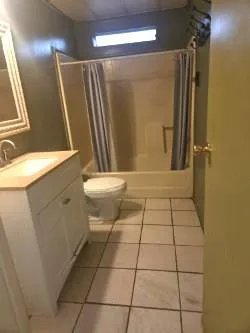 a bathroom with a sink a toilet a mirror and shower