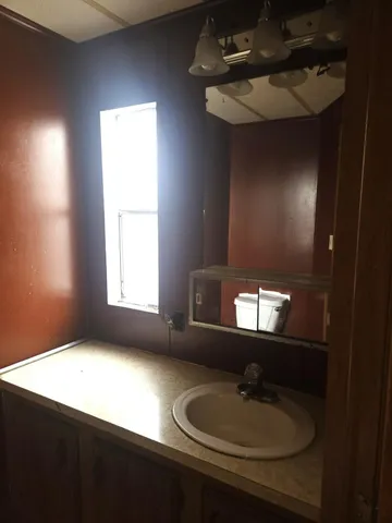 a bathroom with a sink and a mirror