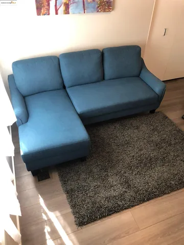 a living room with a couch and a rug