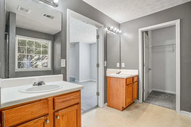 a bathroom with a sink double vanity shower and a mirror